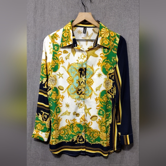 Prettylittlething Shell Chain Print Button Shirt Women's 2 Multicolor Artsy Y2K - Picture 2 of 10